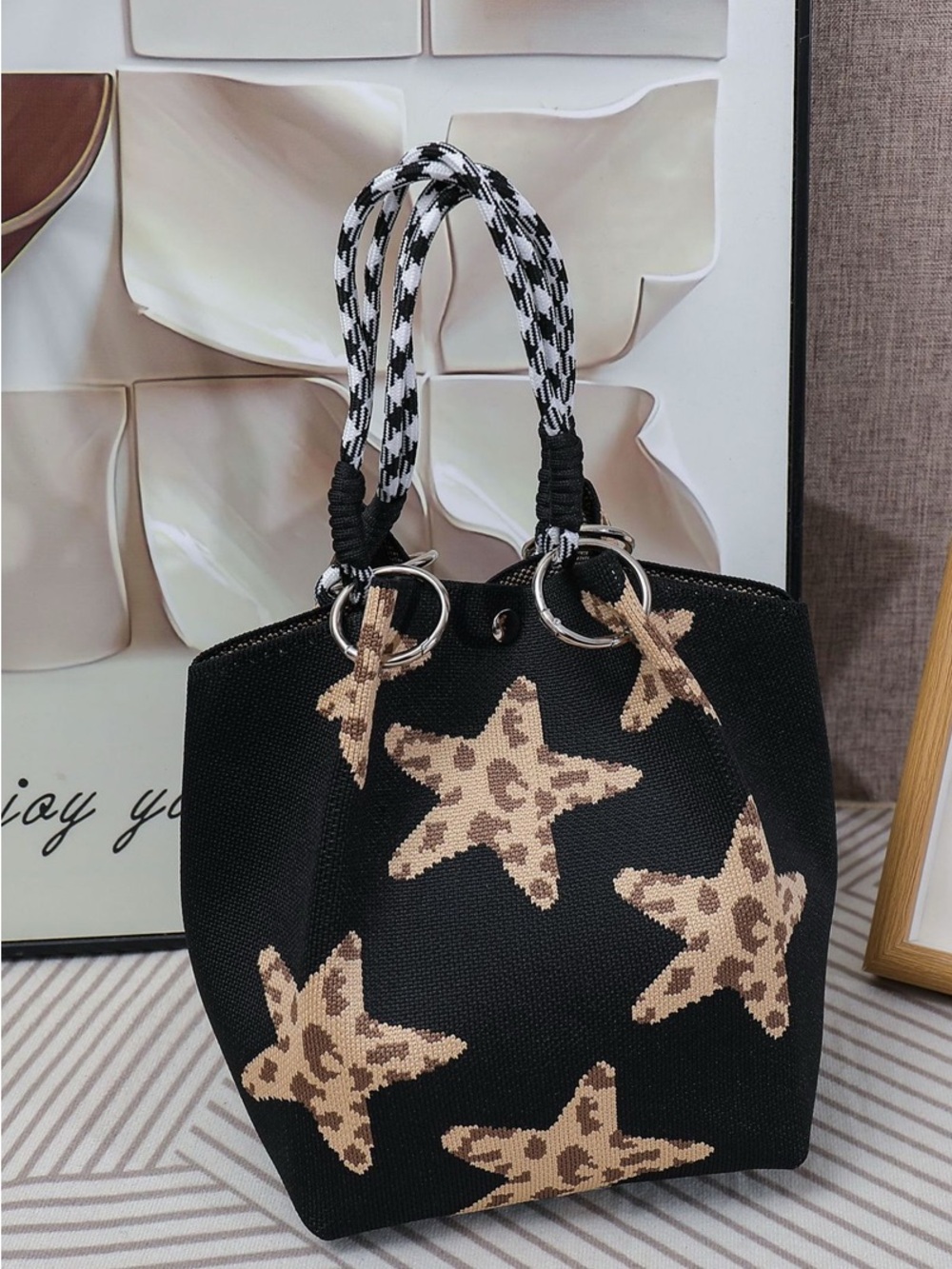 Zenana Outfitters Black Tote with Leopard-Print Star Accents